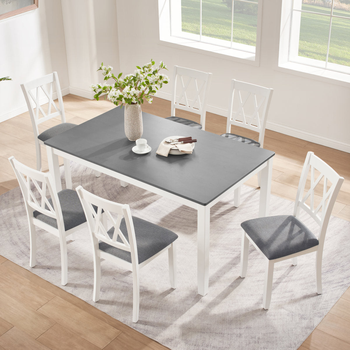Modern 7-Piece Solid Wood Dining Set with 6 Upholstered Chairs – Grey & White Two-Tone Rectangular Table for 6, Space-Saving Kitchen & Dining Room Set, Easy Assembly