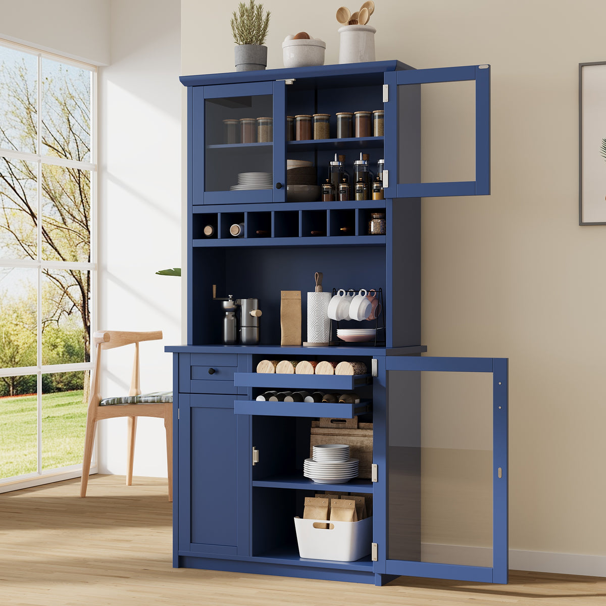 TOPMAx Farmhouse 35.4x17.7x74.8inch Freestanding Buffet With Hutch Tall Kitchen Pantry Storage Cabinet With Wine Rack And Adjustable Shelves For Dining Room Blue