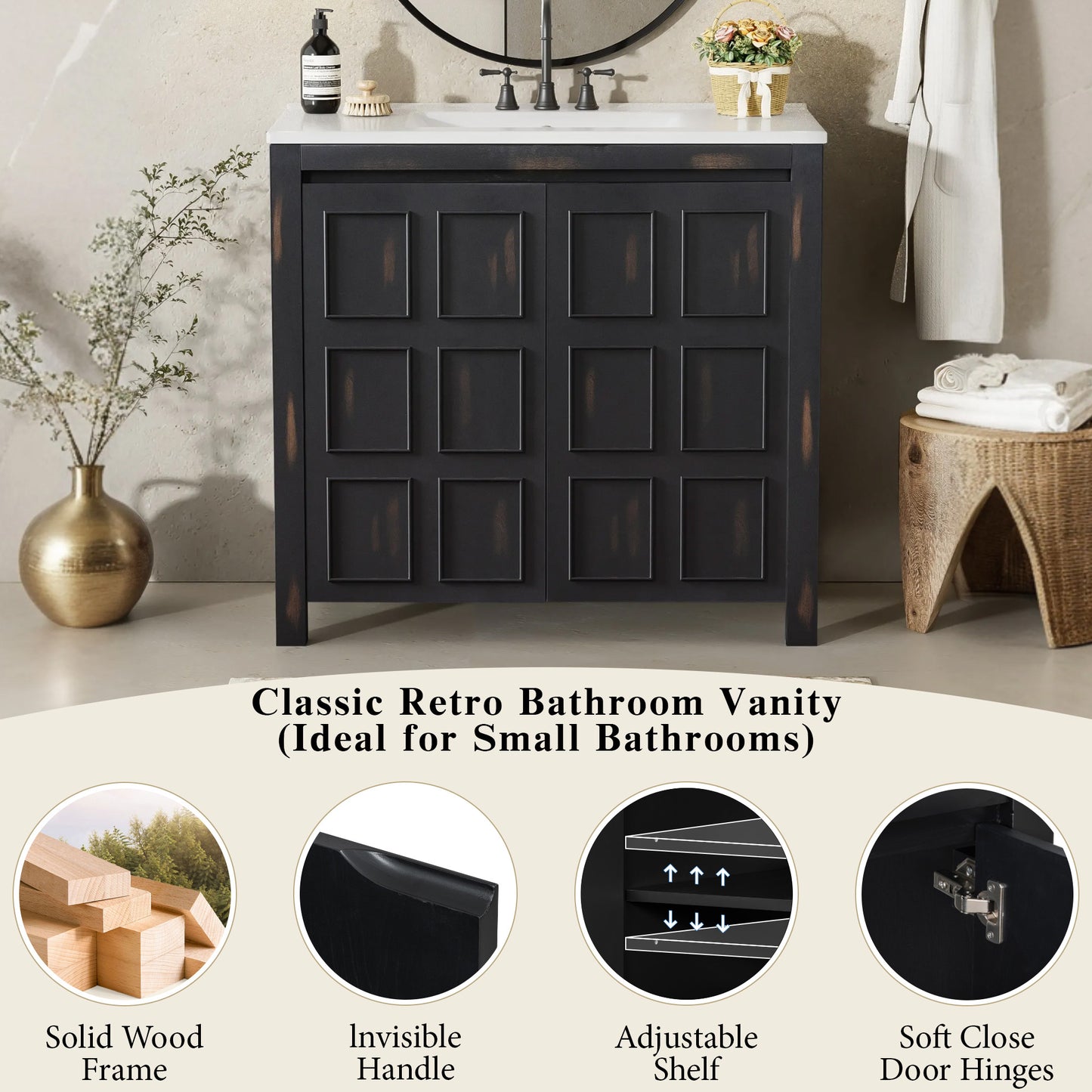 72 Bathroom Vanity Set With Double Vanities Separate , Double Ceramic Sinks, Soft-Close Doors & Adjustable Shelf -Retro Espresso Storage Cabinet For Stylish Bathroom Organization