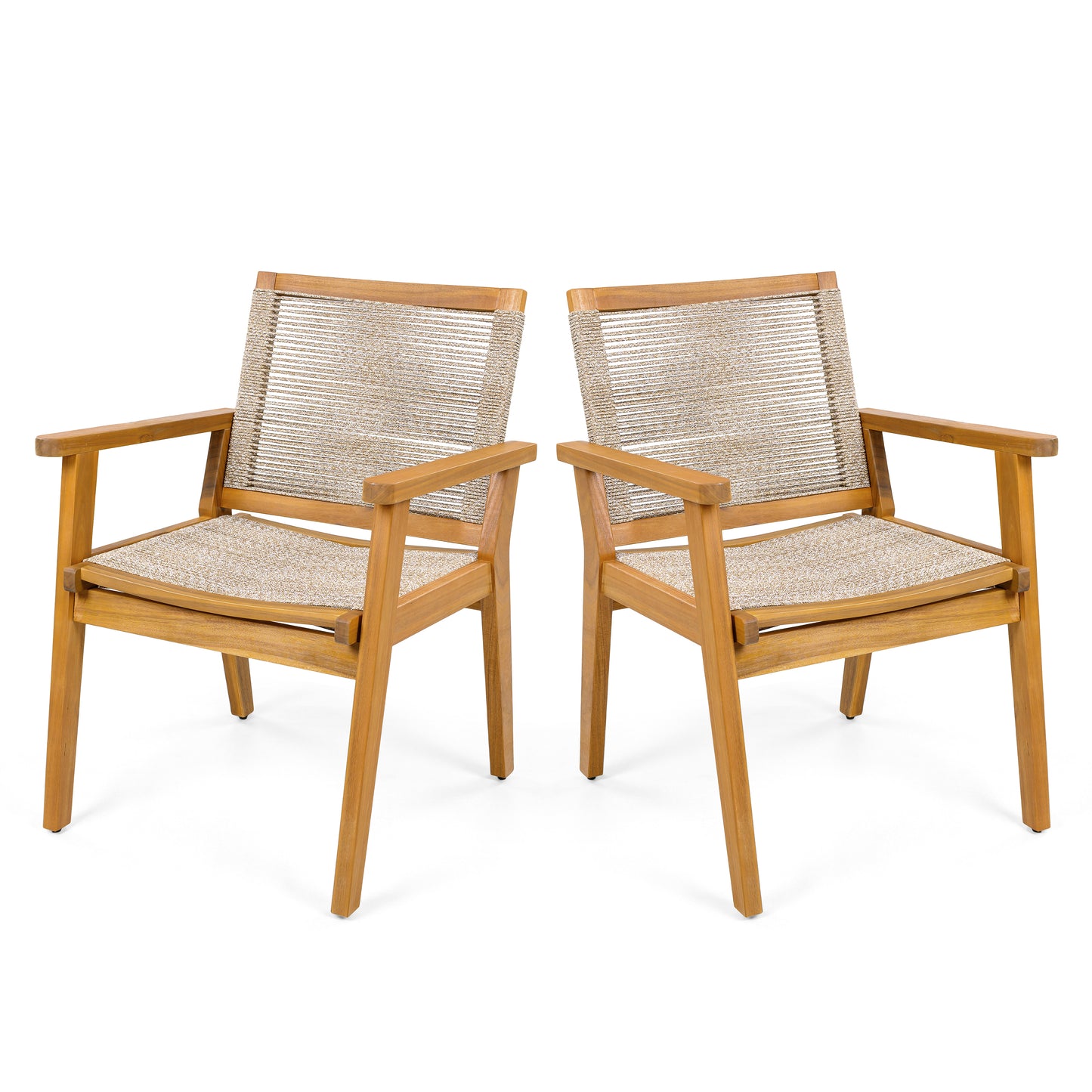 Outdoor Dining Chairs Set Of 2, Teak Finish Wood Frame And Mix Brown Rope, Natural Courtyard Style, 400lbs Capacity