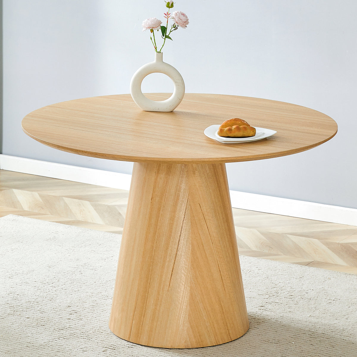 Modern Minimalist MDF Wood Texture Stickers Circular Dining Table. The Computer Desk. The Game Table. Suitable For Dining Room, Living Room, Terrace And Kitchen.