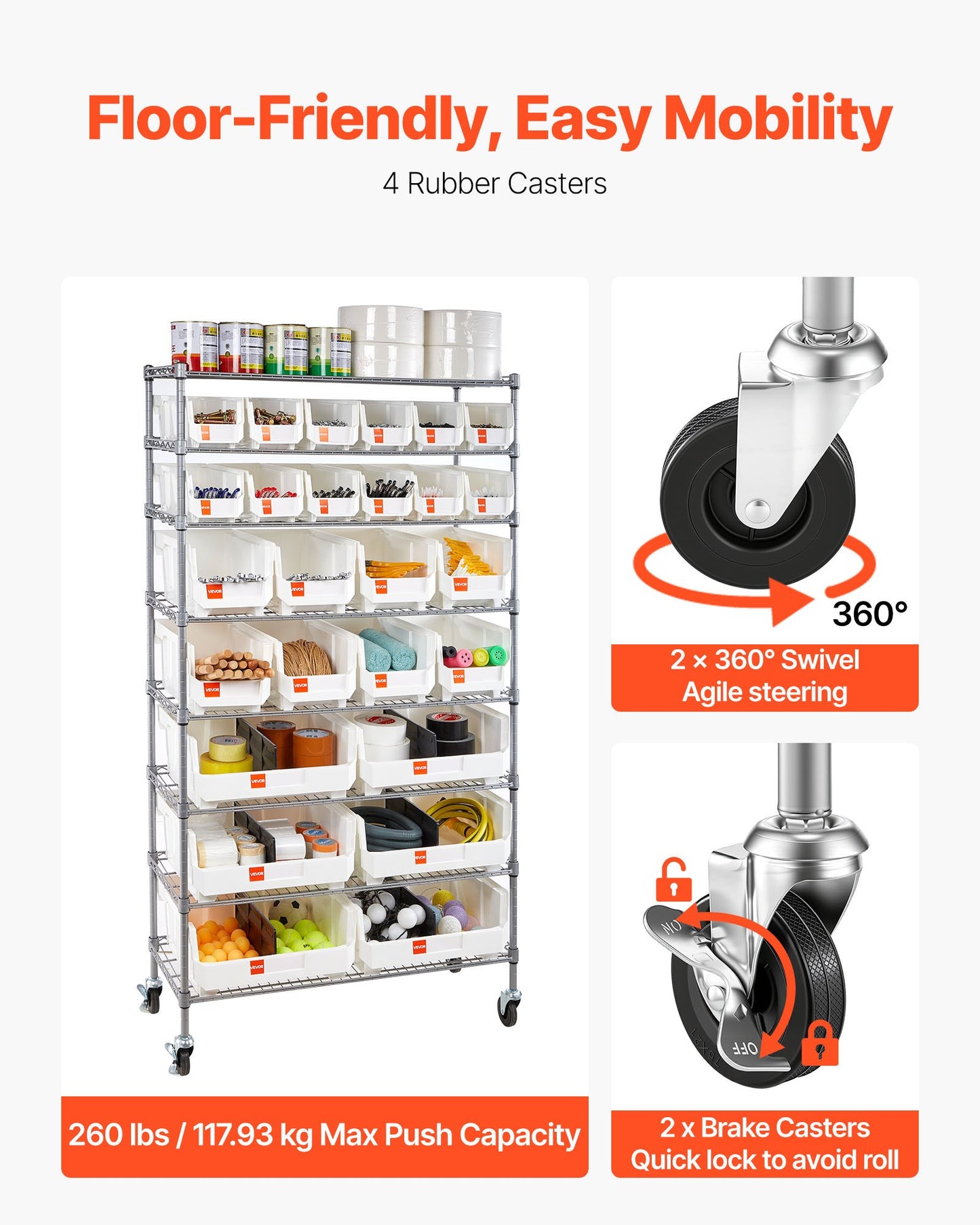 8-Tier Rolling Bin Storage Rack, 26 Organizer Bins, Bin Rack Storage Steel Wire Shelving System With Wheels, Mobile Tool Organizer For Garage, Warehouse, Office, Restaurant, Classroom, Kitchen
