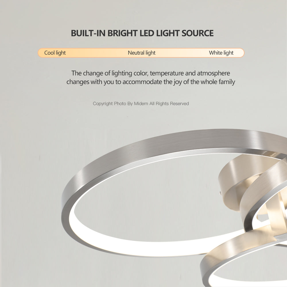 20 Modern LED Ceiling Light Fixture - Circular 3-Ring Design, Dimmable, Contemporary Brushed Nickel Finish For Living Room, Bedroom & Office