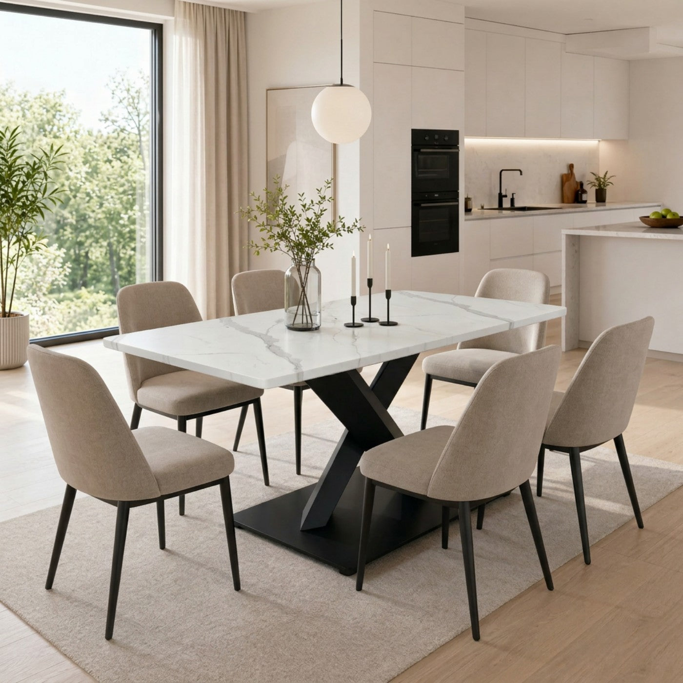 Modern Rectangular Dining Table For 6-8,Large White Kitchen Table With MDF Desk And Black Metal Base,White Marble Patterned Wooden Table,X-Shape Support Dining Table For Home Office Living
