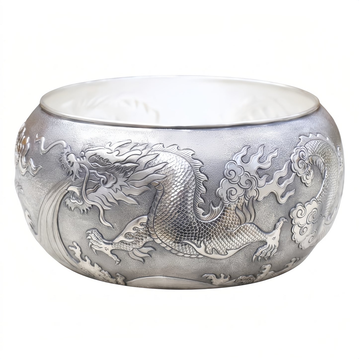 Pure 999 Fine Silver Artisanal Dragon Bowl: Handcrafted Traditional Asian Motif with Intricate Cloud and Flame Details-Premium Tea Wash - Handicraft