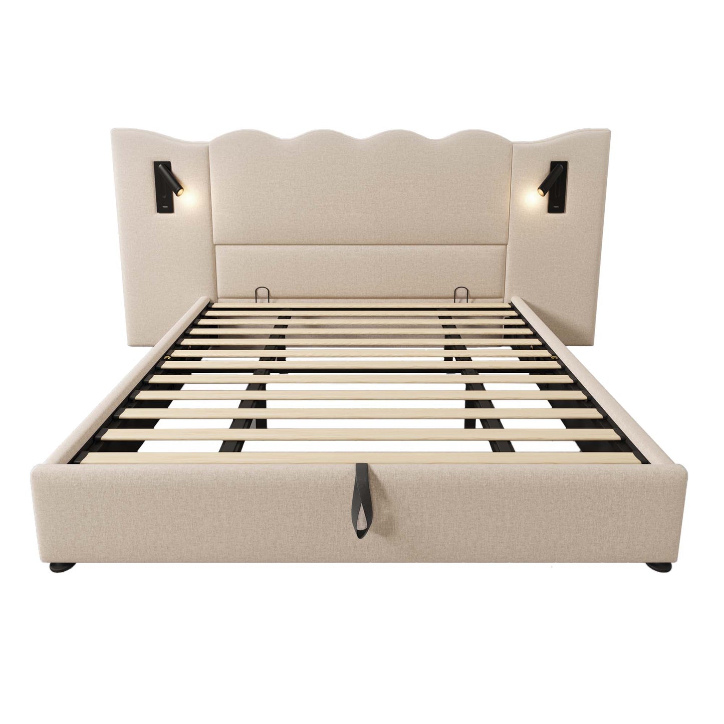 Upholstered Bed Double Bed 180x200 With Reading Lamp And USB Type-C Charging Function, Storage Bed Frame With Slatted Base Made Of Solid Wood And Metal, Beige, Linen Without Mattress