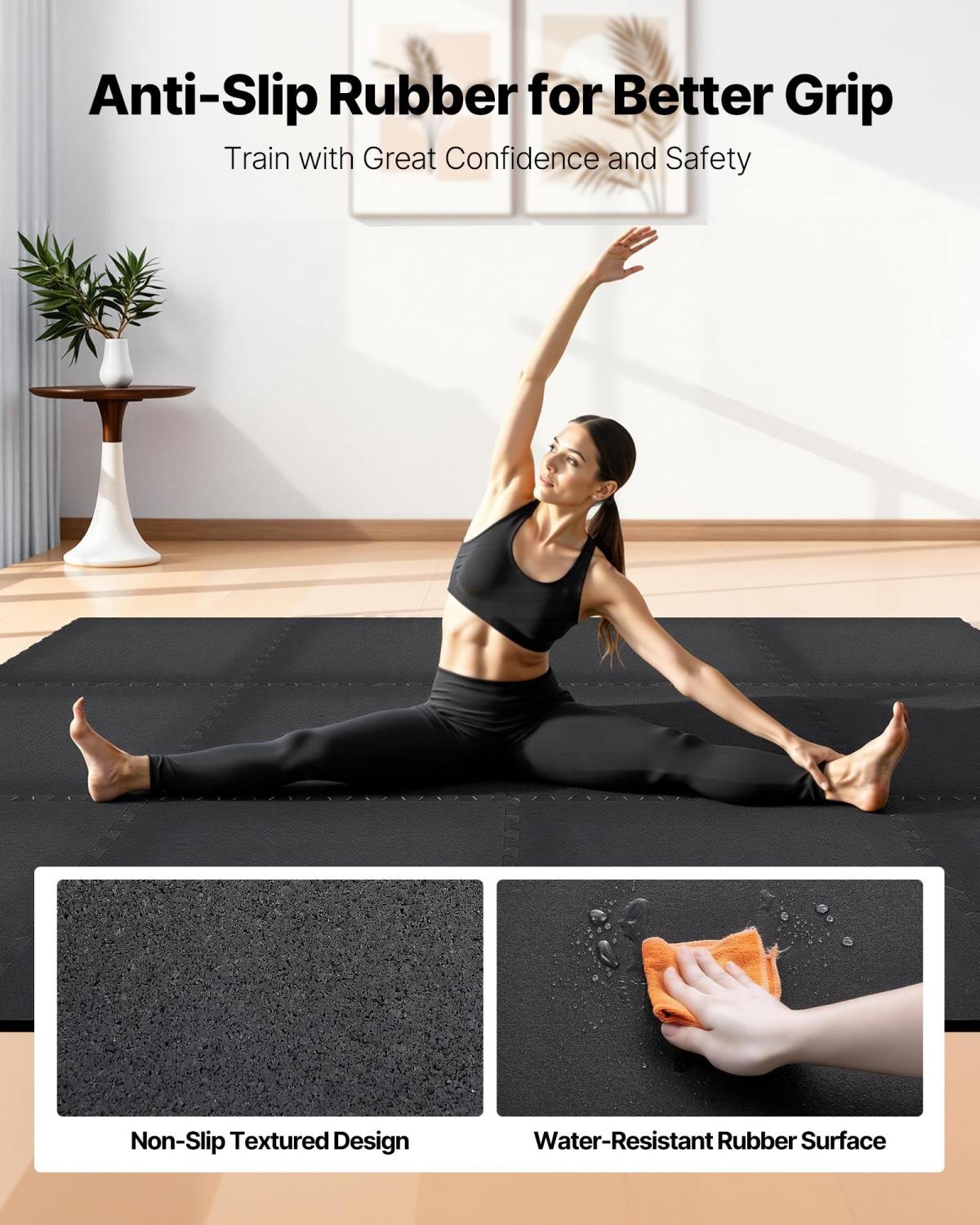 Puzzle Exercise Mat, 12 PCS Fitness Equipment Mats, 24 X 24 X 0.56 In, High-Density EVA Foam Gym Mats Set, Interlocking Rubber Soft Tiles, Protective Floor Padding For Home, Gym, Office, Black