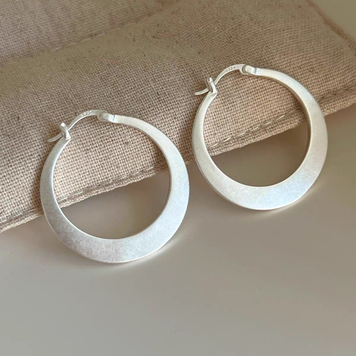 1 Pair 999 Sterling Silver Matte Large Hoop Earrings, Minimalist Style, Perfect For Daily Wear And Valentine's Gift