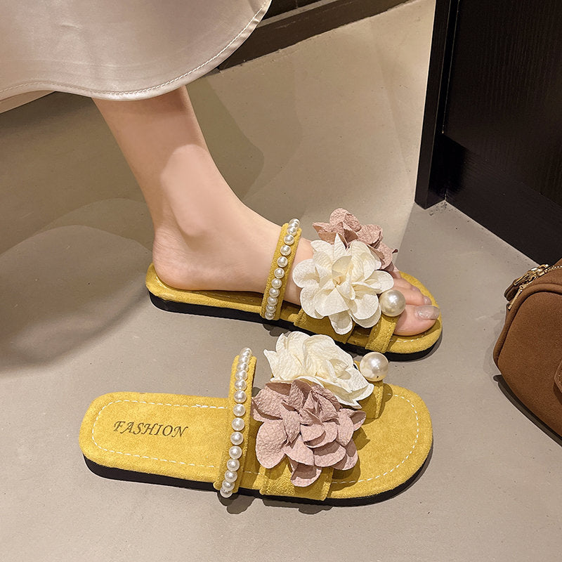 Women Romantic 3D Fabric Flower Pearl Decor Flat Slide Sandals, Single Band Slip On Soft Suede Casual Summer Beach Slippers