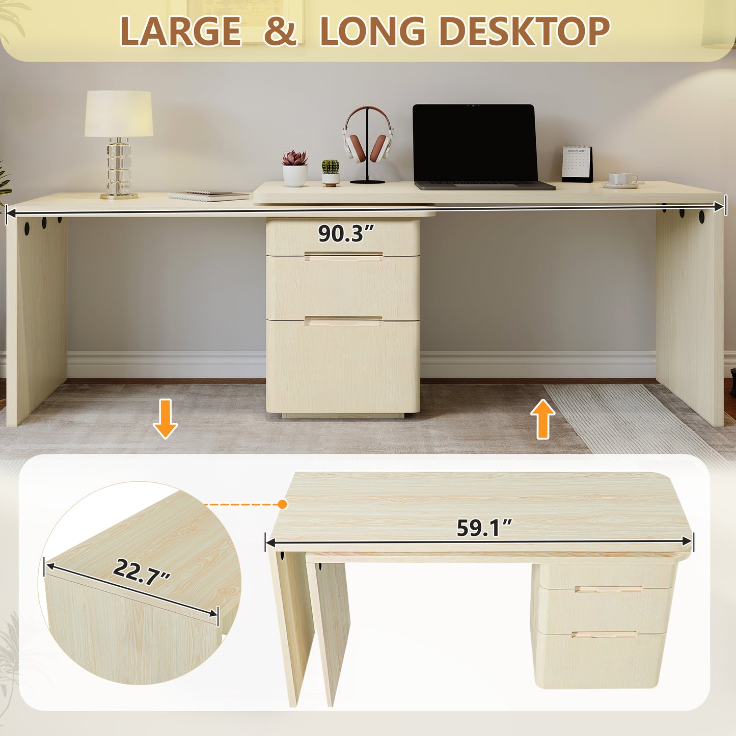90 Modern L Shaped Desk In Natural Wood With 3 Drawers,360 Wood Rotating Desk,Executive Office Desk,Corner Desk,Office Study Workstation,for Home Office Or Living Room