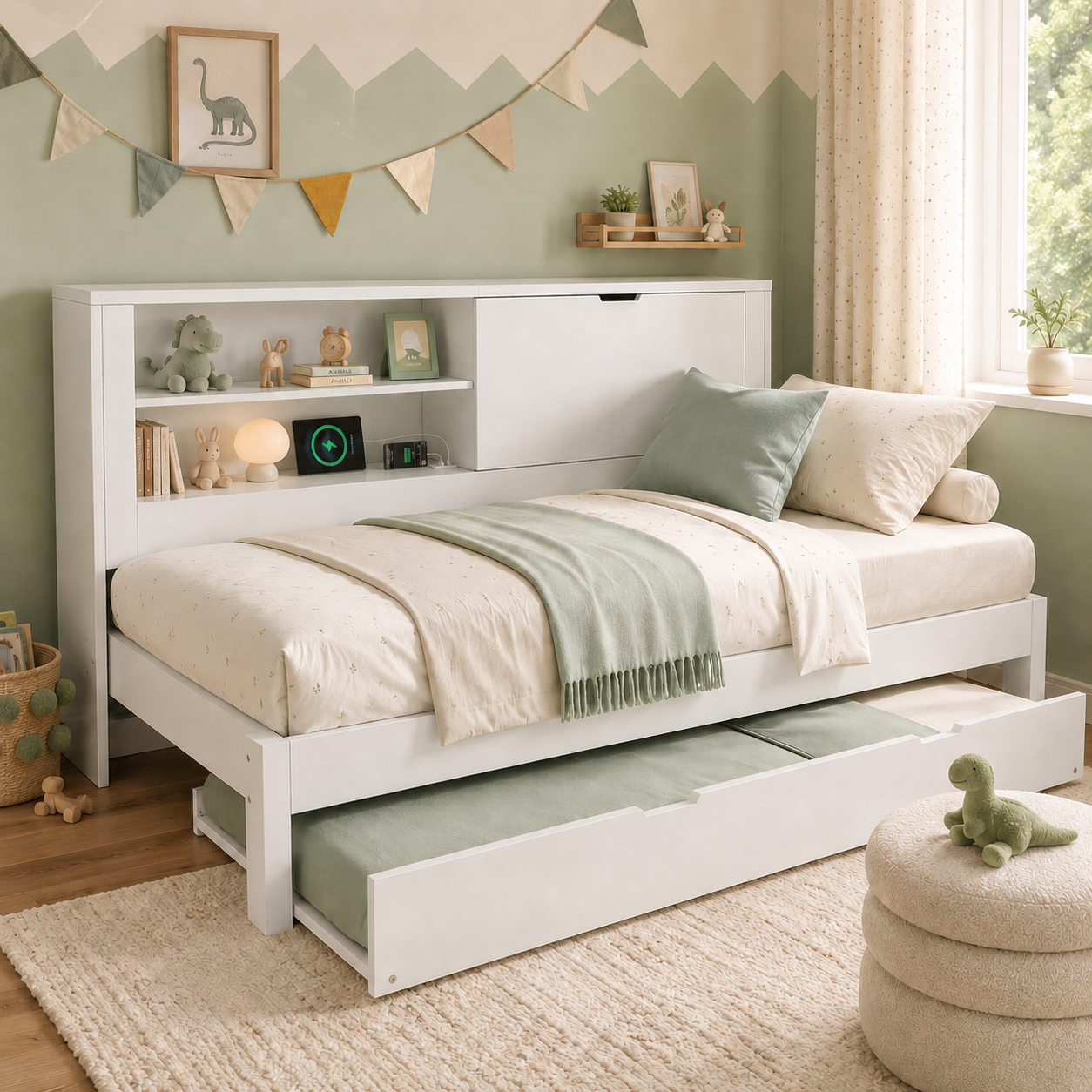 Sofa Bed Single Bed 90x190 Cm With Pull-out Bed 90x190, White Bed Frame With Storage Back Panel, Open Compartment, Concealed Folding Storage Space, USB-USB-C Charging Station, Slatted Base, Without Ma
