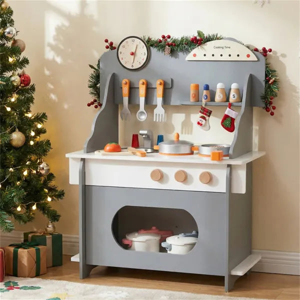 Gray Wooden Toddler Play Kitchen With Sink & Accessories, Safe Gift For Kids 3+