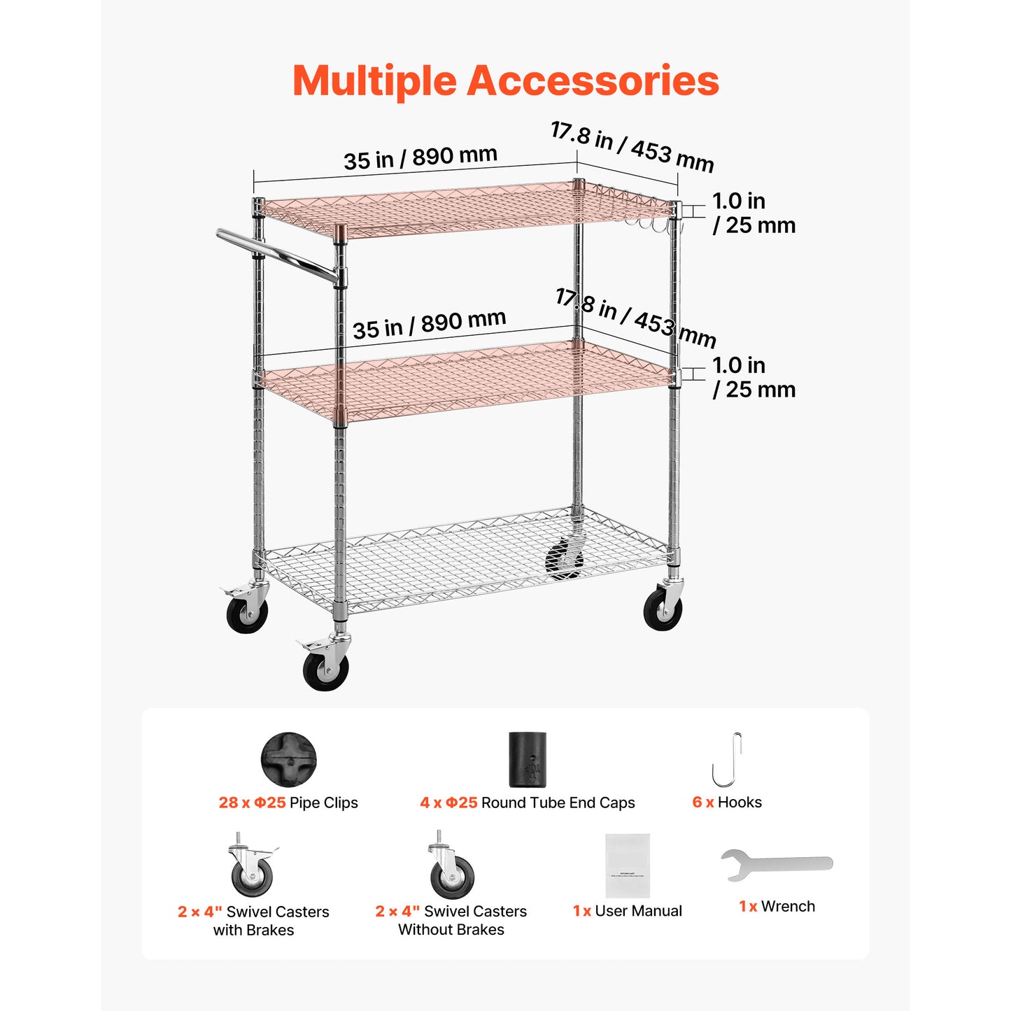 Kitchen Utility Cart, 3 Tier Heavy Duty Adjustable Wire Storage Rack, Commercial Steel Rolling Service Trolley On Wheels, Work Table With Handle Bar, For Garage And Laundry Room, 35x17.8x40.9 In