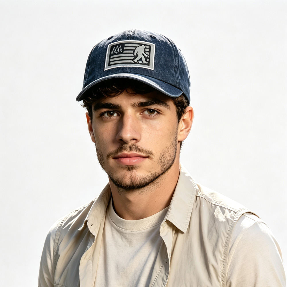 2pcs Washed Navy Bigfoot American Flag Patch Baseball Cap, Vintage Cotton Hat For Outdoor Hiking