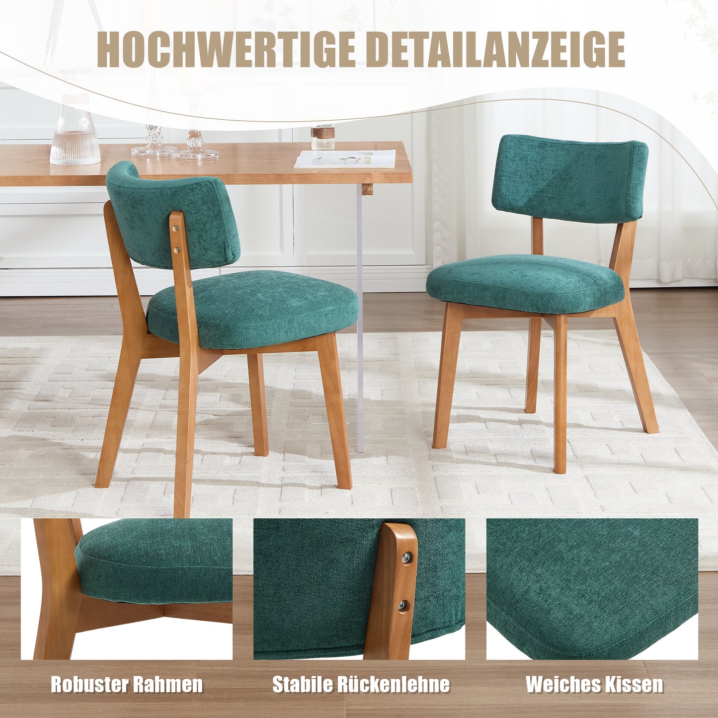 Mid-Century Modern Dining Chair Set Of 2, Solid Wood Legs Fabric Upholstered Seat For Kitchen, Dining Room Or Office Green Linen