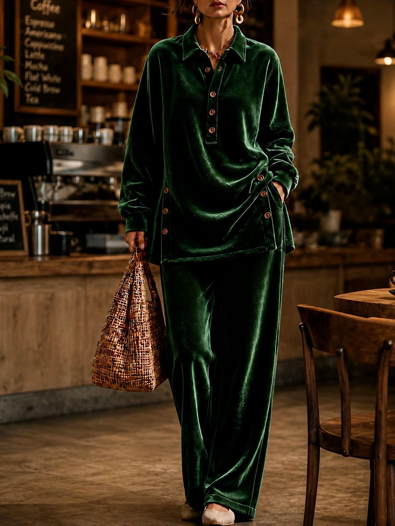 Women Casual Loose Velvet Button Long Sleeve Top Pants Set, New Fall Winter Matching Outfit