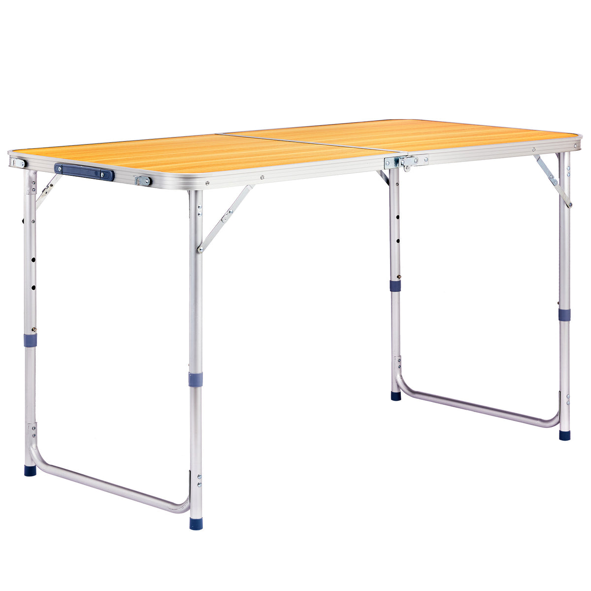 4FT Adjustable Height Folding Table, 120-60cm Portable Aluminum Foldable Camping Table Wood Grain Utility Table For Picnic BBQ Party Indoor Outdoor
