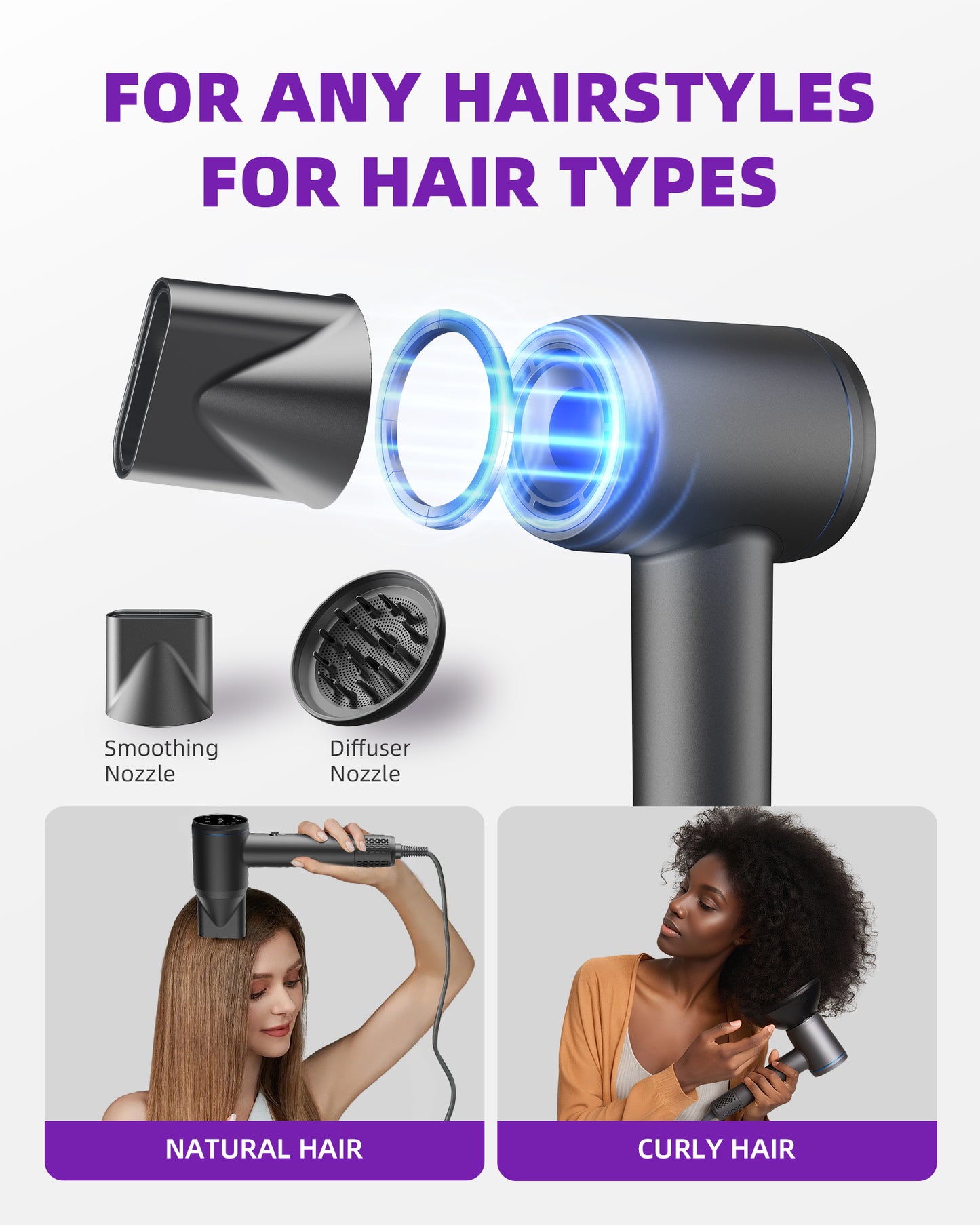Hair Dryer With Diffuser, Ionic High-Speed Blow Dryer 600 Million Negative Ions, Fast Drying, Quiet & Lightweight Hair Dryer For Women & Men, Smart Touch Screen Professional Hairdryer For Curly Hair