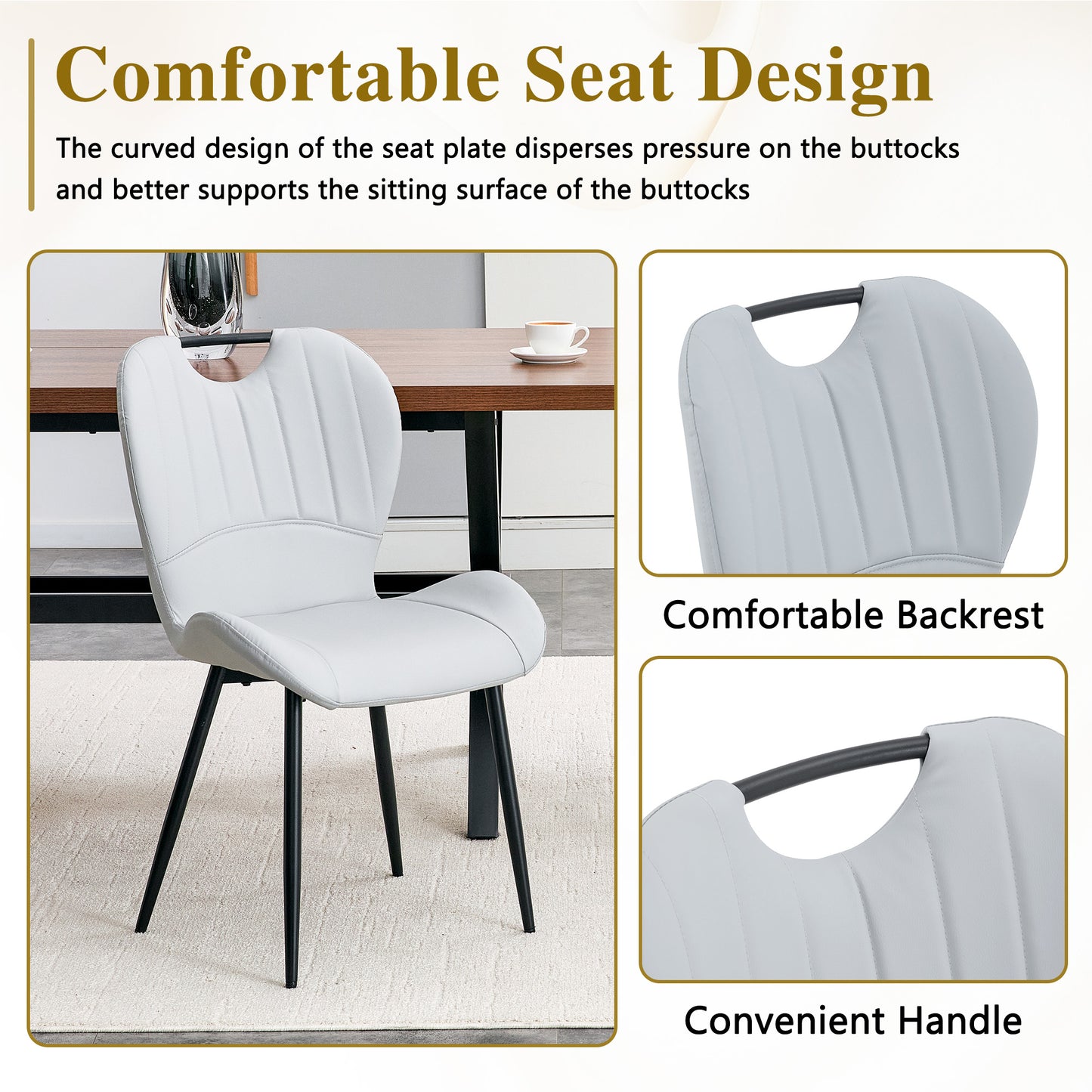 Set Of 4 Light Grey PU Dining Chairs With Integrated Handle. Black Metal Frame, Adjustable Leveling Feet. Home Dining Chairs With Extra-Wide Comfortable Cushion, Versatile For Multiple Scenarios.