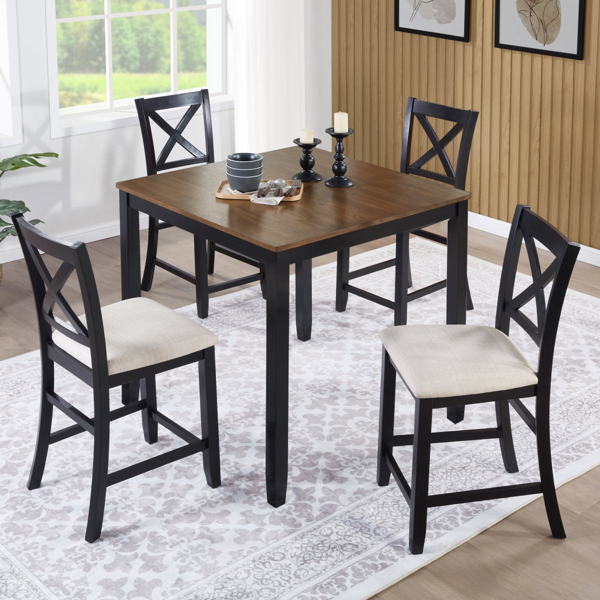 5-Piece Counter Height Dining Table Set with 4 Chairs, Classic Wooden Dining Table Set for 4, Timeless Farmhouse 4-Person Dining Table Set for Small Place, Kitchen, Dining Room, Black & Oak two tone