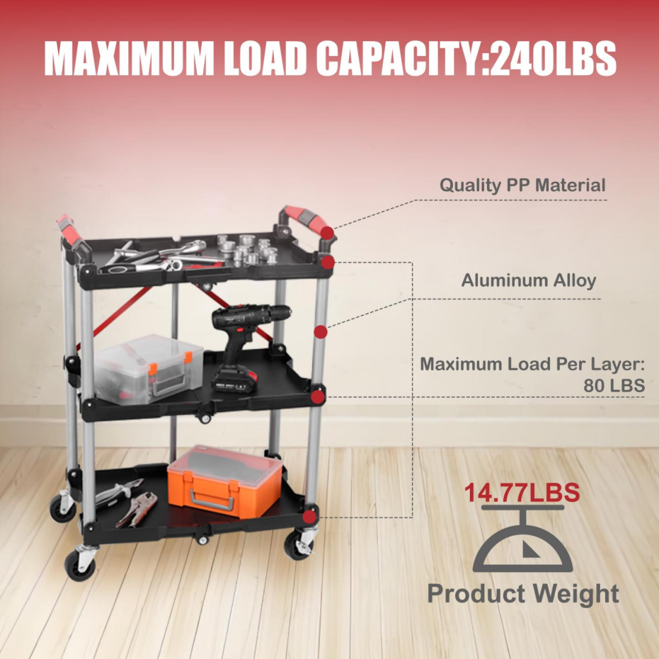 Foldable Utility Service Cart, 3 Shelf Heavy Duty Plastic Rolling Cart With Swivel Wheels 2 With Brakes, Ergonomic Handle, Portable Garage Tool Cart For Warehouse Office Home