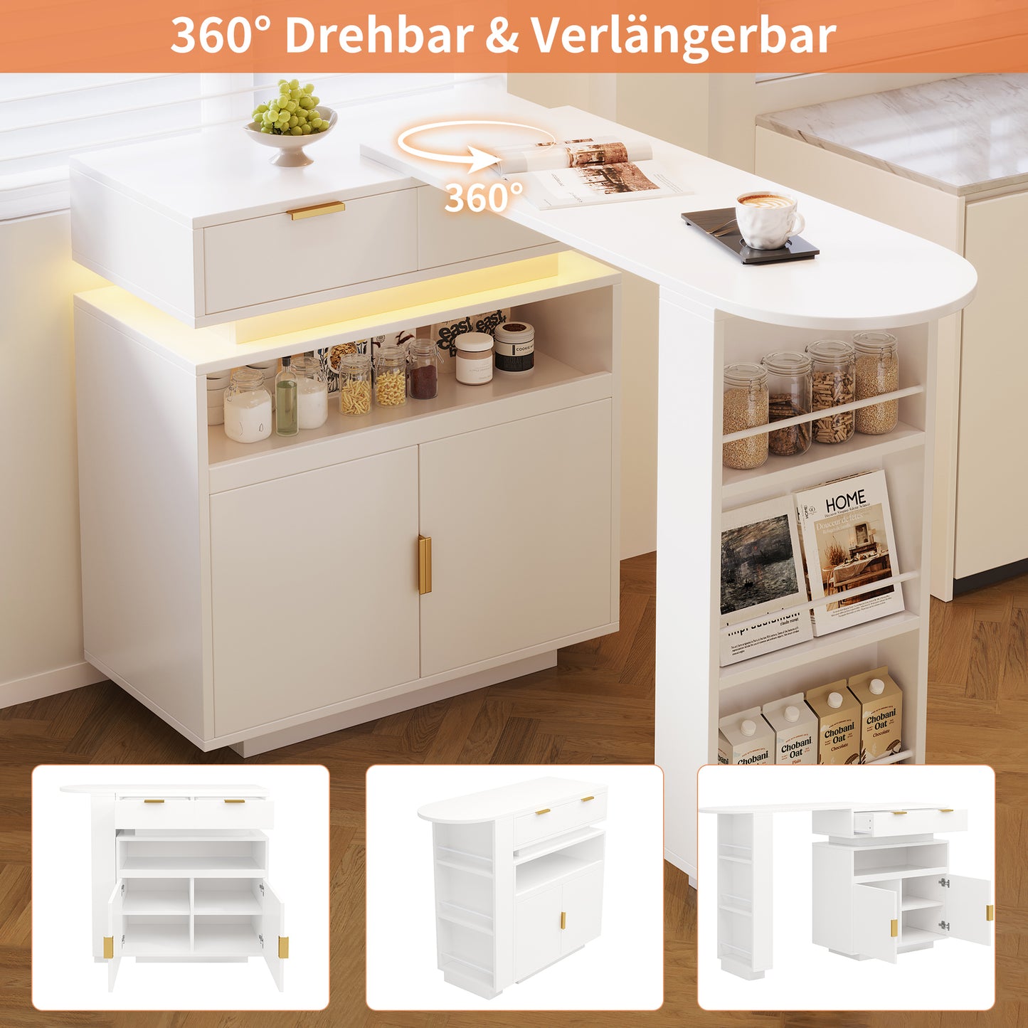 Extendable Bar Table 115-183 X 40 X 99 Cm , Extendable Kitchen Island, Bar Table With Storage Space, LED Lighting, 360 Rotation Function, Mobile Coffee Bar, Suitable For Kitchen And Dining Room, Whi