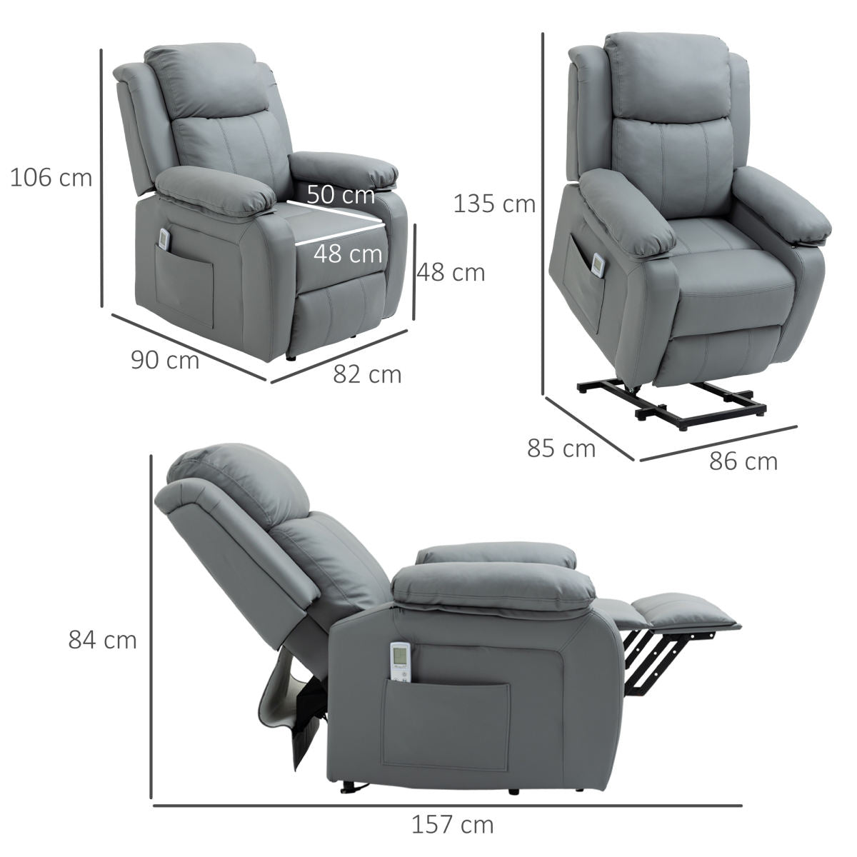 Riser And Recliner Chair With Massage, Power Lift Recliner Chair For Elderly With Remote Control, Extended Footrest, Dual Side Pockets, Overstuffed Electric Reclining Armchair, Grey
