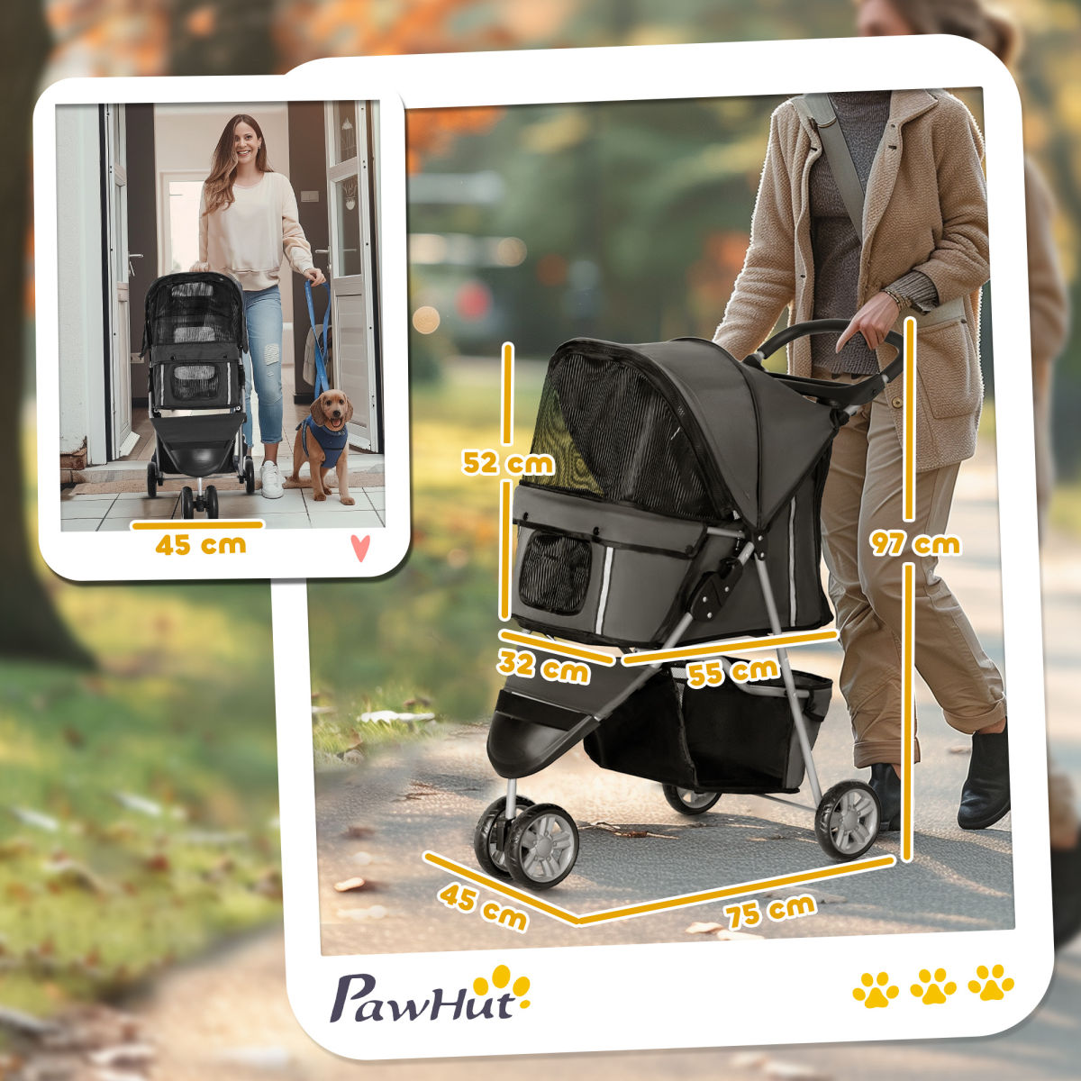 PawHut 3 Wheel Pet Stroller For Small And Miniature Dogs, Charcoal Grey
