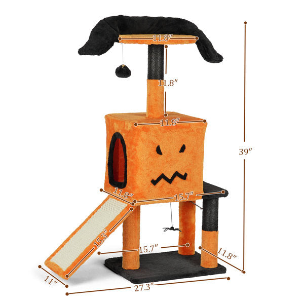 39.4inch Halloween Cat Tree, Cat Tower Cat Tree For Indoor Cats With Spacious Cat Condo, Sisal Scratching Posts, Hanging Toys, Orange & Black