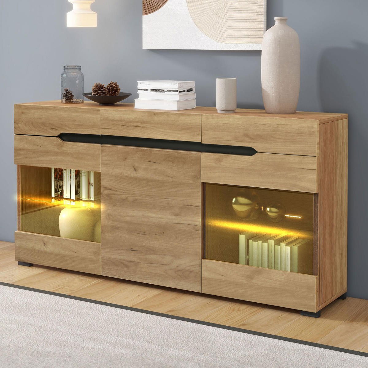 LED Sideboard Cabinet Modern Living Room Credenza Furniture 3 Doors 3 Drawers Modern Dresser With Plenty Of Storage For Your Living Area