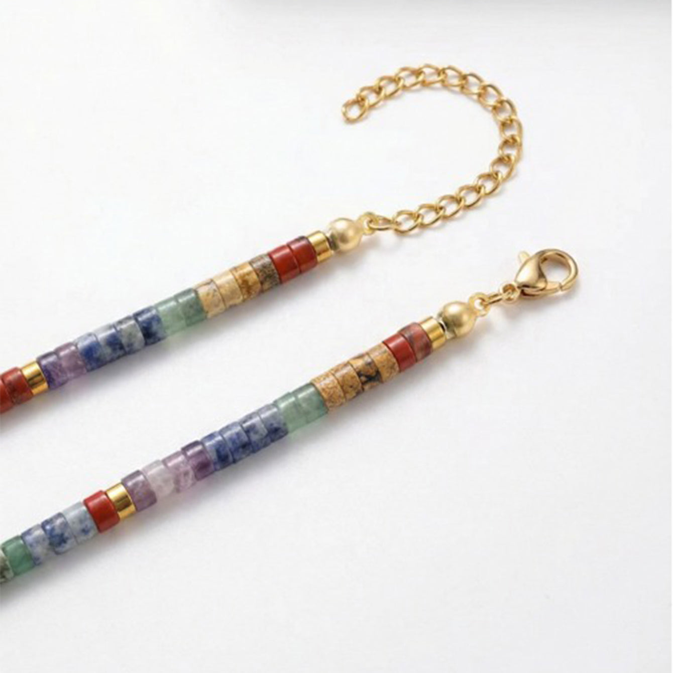 7 Chakra Heishi Bead Choker Necklace For Women, Colorful Natural Stone Tube Beads, Gold Extension Chain, Boho Jewelry Gift Daily Wear