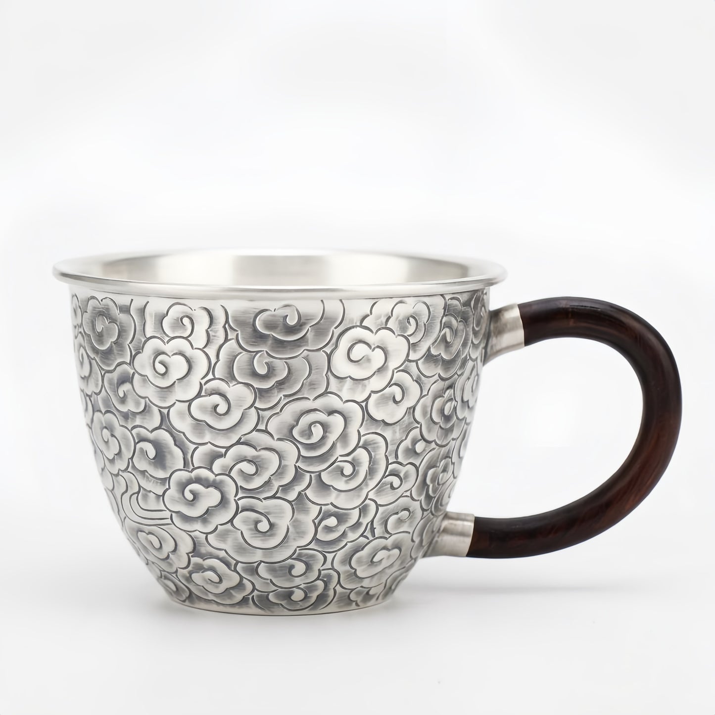 925 Sterling Silver Handcrafted Silver Tea Cup Featuring Intricate Cloud Motifs and Elegant Wooden Handle - Handicraft
