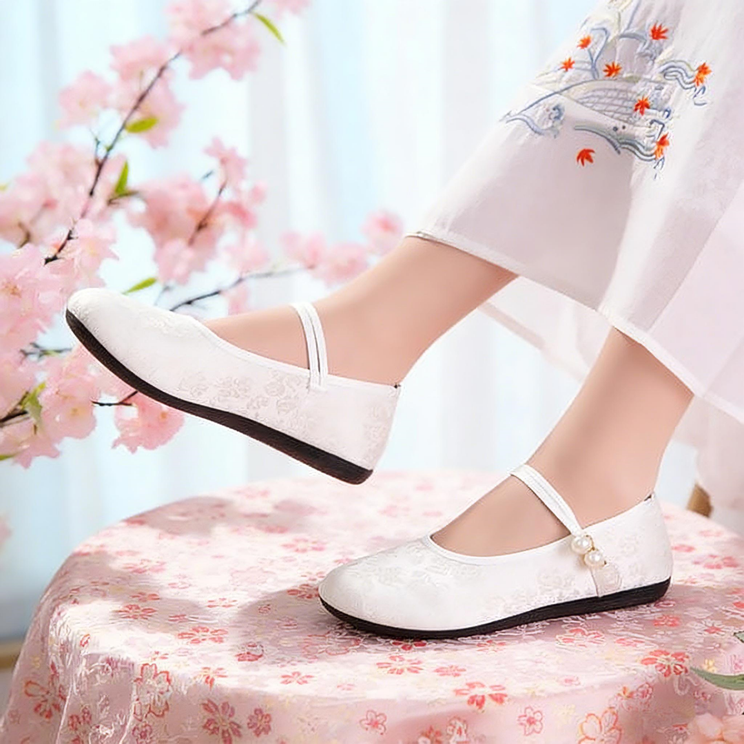 Spring & Summer Chinese Style Satin Shallow Flats -Soft Sole Breathable Mary Jane Cloth Shoes With Elegant Jacquard Texture, Perfect For Qipao & Hanfu Styling For Women