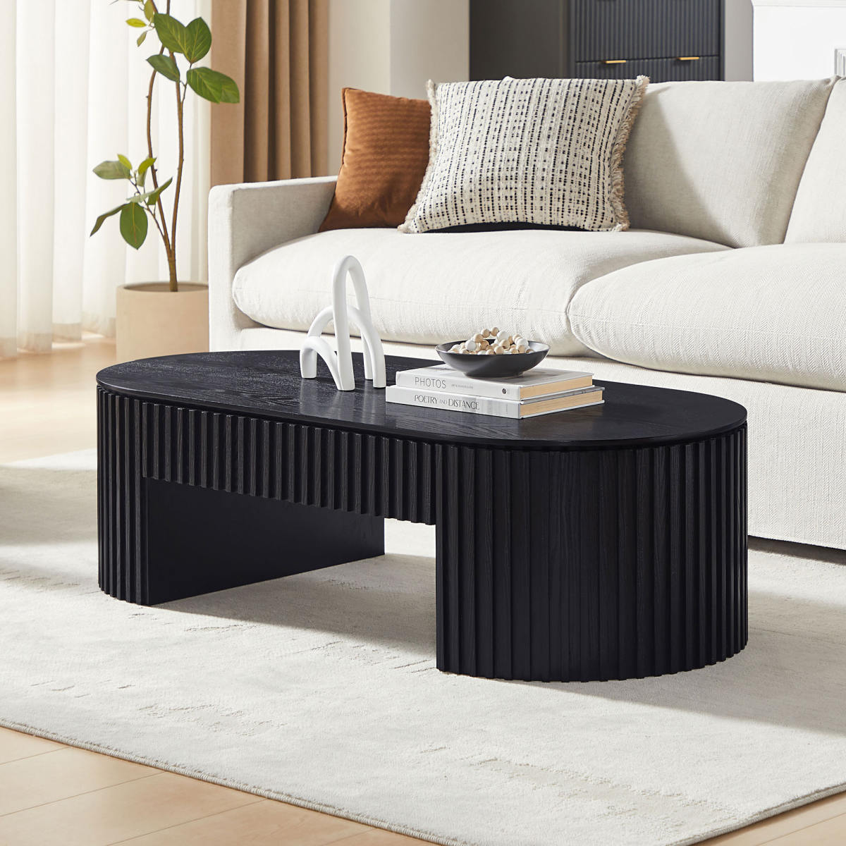 51.18 Oval Wood Coffee Table With Drawer Mid Century Modern Coffee Table Unique Coffee Table For Living Room Furniture, Tea Table BLACK