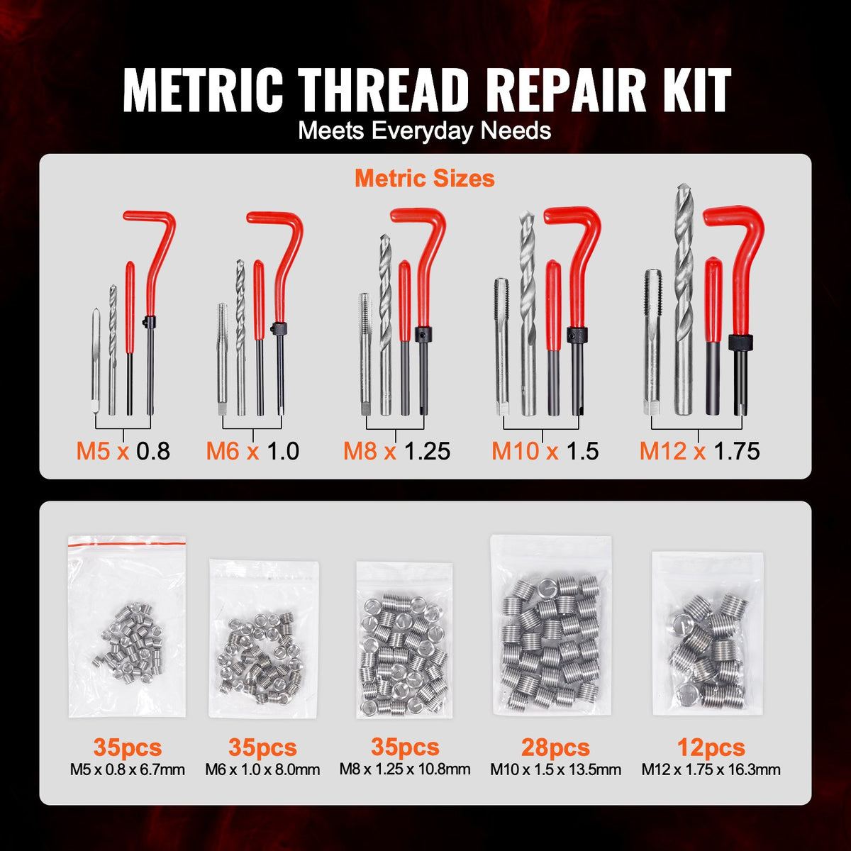 Helicoil Thread Repair Kit, 166-Piece Metric HSS Drill Helicoil Repair Kit, M5 M6 M8 M10 M12 Heli Coil Rethreading Tool Kit With HSS Drill Bits Thread Inserts Taps Breakoff Installation Tools