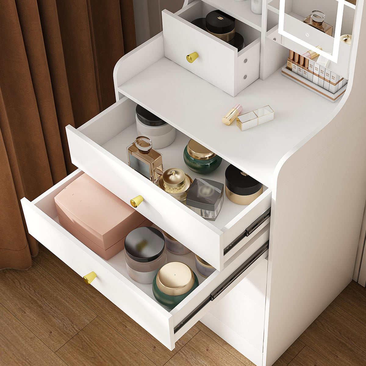 3-in-1 Dressing Table With LED Mirror & Storage Stool - Compact Makeup Vanity With 4 Drawers Storage Cabinet & Hidden Stool White Density Board Design Open Bookshelf For Bedroom Organization