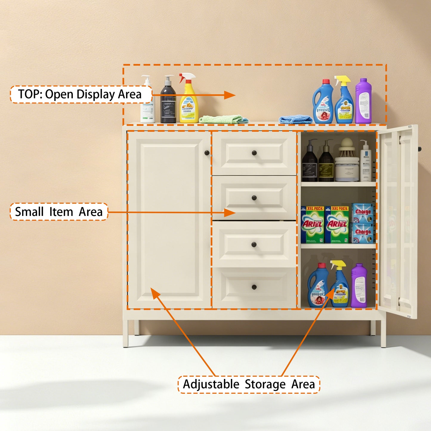 40.16 Storage Sideboard Buffet Cabinet, Freestanding Accent Cabinet With 4 Drawers & 2 Doors, Adjustable Shelves Console Cabinet For Living Room, Kitchen ,Entryway ,Hallway ,Laundry Room Beige