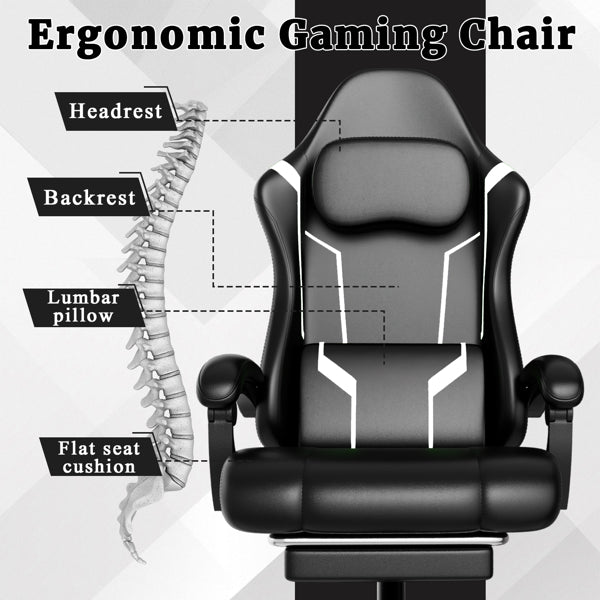 Ergonomic Gaming Chair, Video Game Chair With Pocket Spring Cushion And Footrest, Height Adjustable Computer Chair With Swivel Seat And Headrest Faux Leather, Off-White