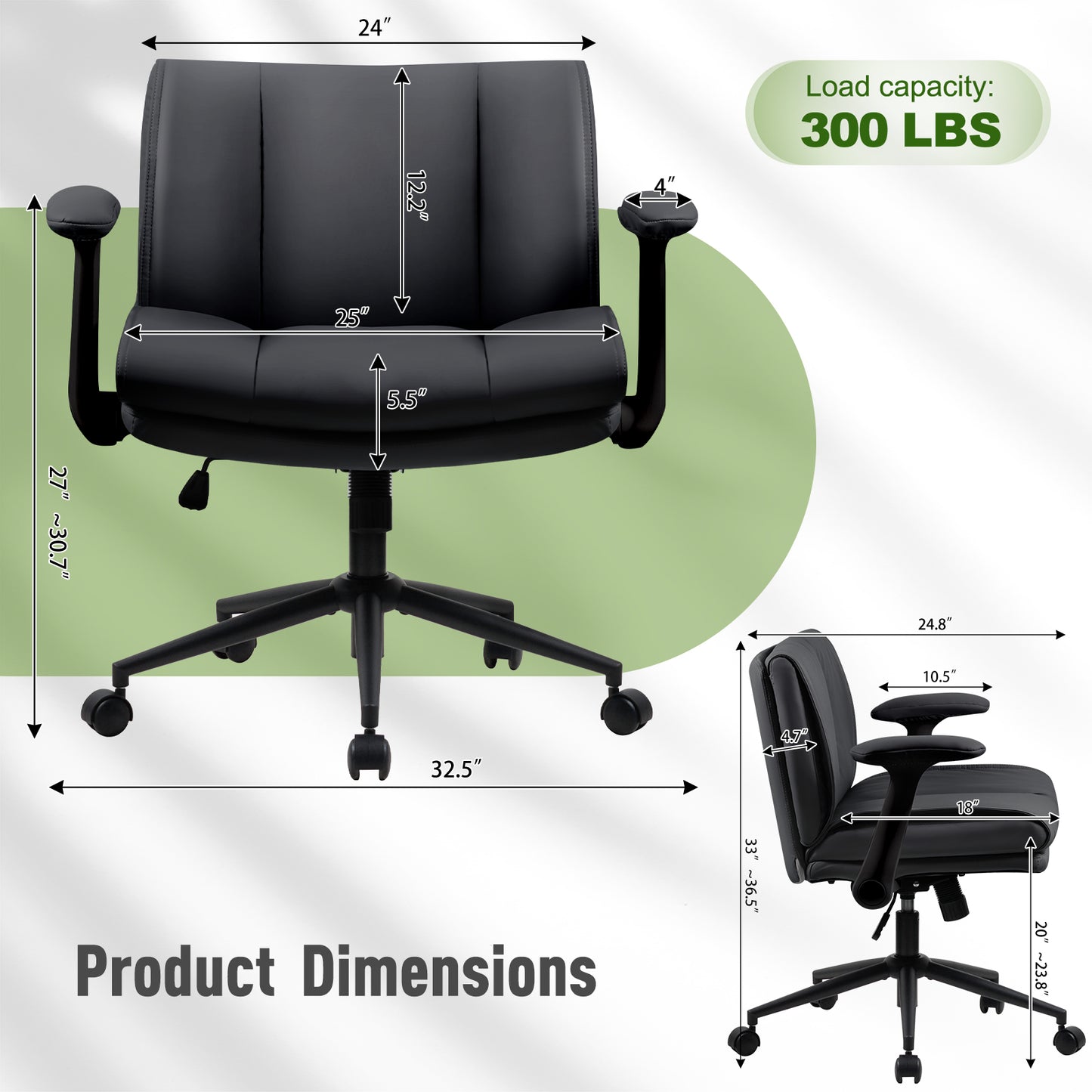 With Flip-Up Armrests Leather, Cross Legged Office Chair On Wheels, Comfy Swivel Chair With Wide Seat For Home Office, Vanity, Ergonomic Desk Chair Adjustable, Black