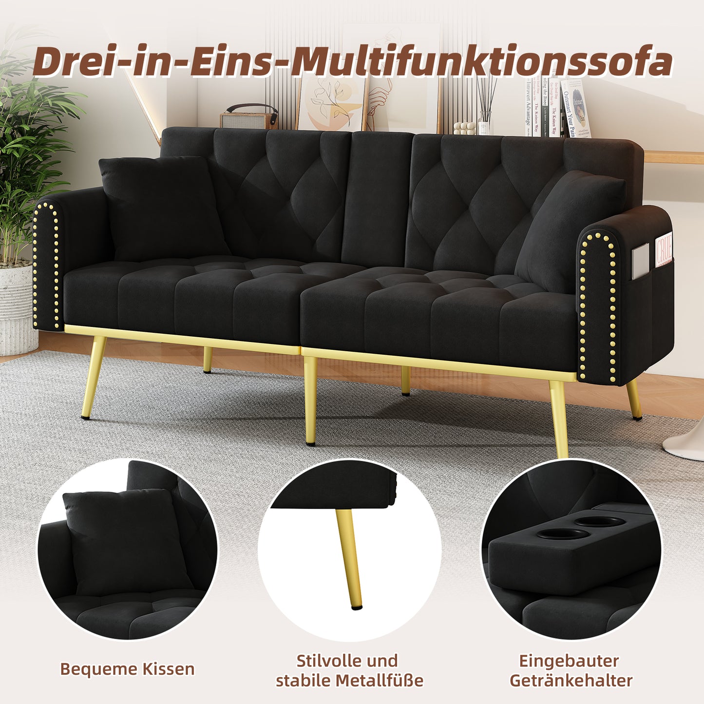 Double Fold Out Sofa Bed With Reclining Function, Three Adjustable Tilt Angles And Cup Holder. Suitable For Living Room, Bedroom, Home Theater Or Guest Room. Fabric Cover. Black