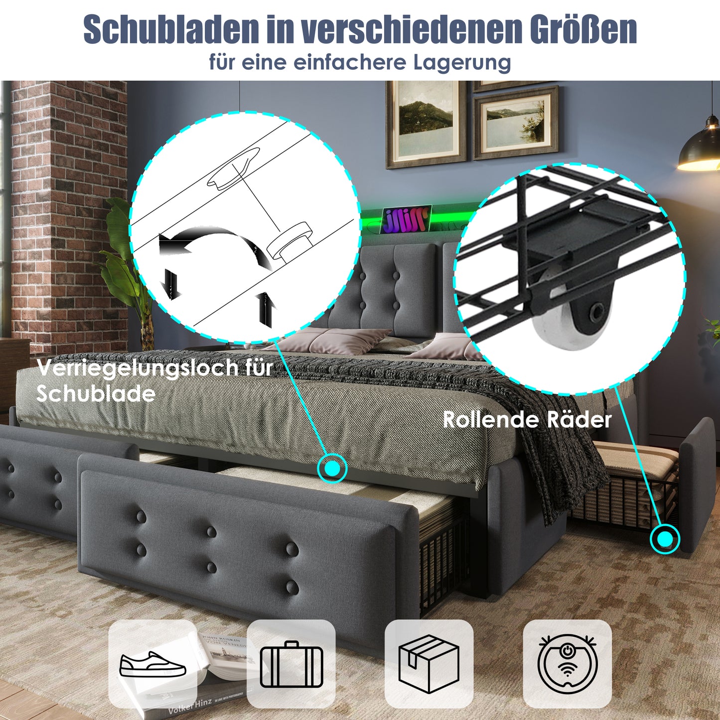 Upholstered Bed 140x200, Double Bed With LED Headboard And USB C Charging Function And 4 Drawers, Storage Beds With Wooden Slatted Base And Metal Frame, Load Capacity 300 Kg, Grey, Cotton Without Matt