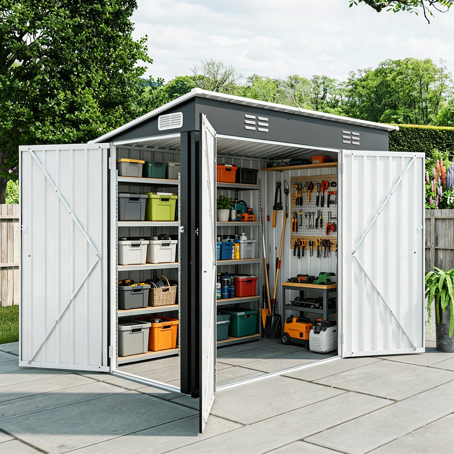 4 X 8 FT Galvanized Steel Outdoor Storage Shed With 3 Access Doors, Ventilated Weatherproof Metal Utility Shed For Garden Tools, Bikes & Patio Equipment,Black 3.58x7.41 Ft