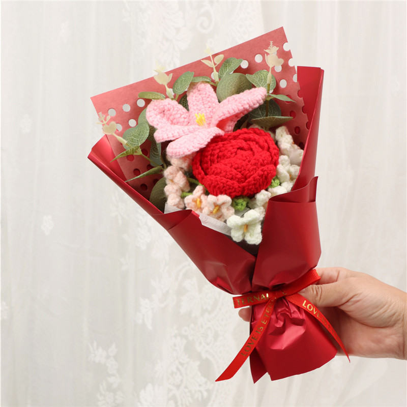 Handmade Crochet Knitted Bouquet, Red Rose & Pink Lily Everlasting Yarn Flowers, Romantic Floral Gift For Home Decor And Festivals