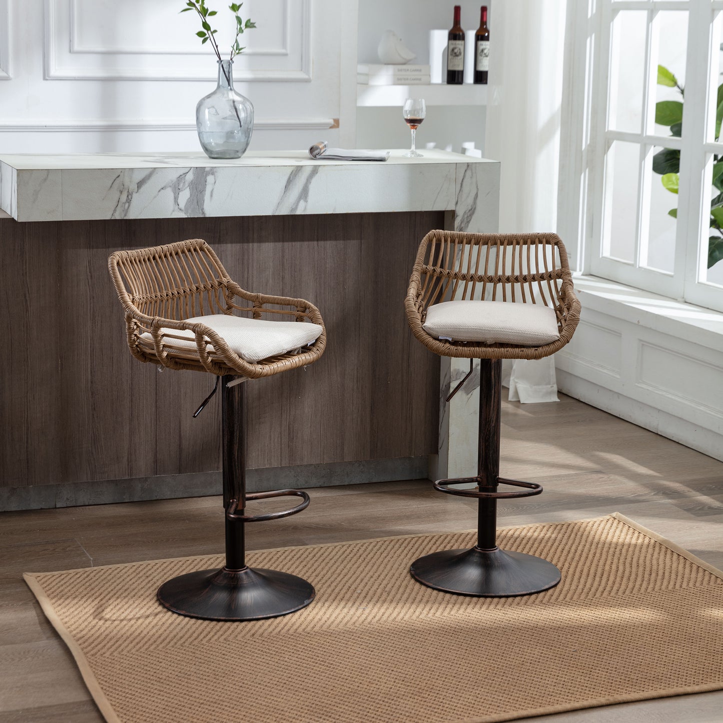 Modern Swivel Bar Stools Set Of 2 Adjustable Counter Height Chairs With Footrest For Kitchen, Dining Room Beige