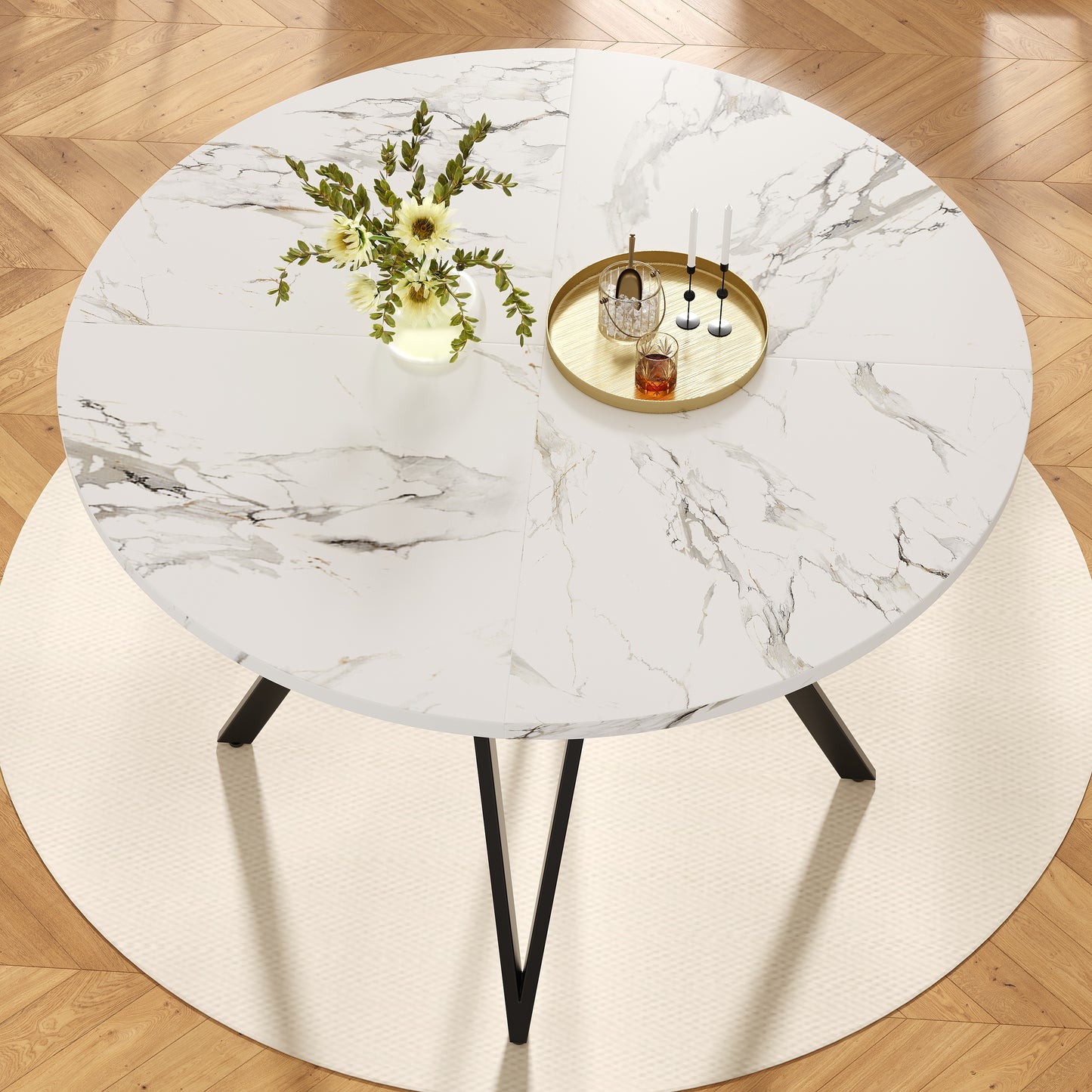 Round Dining Table 100x100x76cm , Kitchen Dining Table, Round Coffee Table For 4 People, Suitable For Dining Room, Living Room, Stylish Metal Table Legs, MDF Marble Table Top, Black