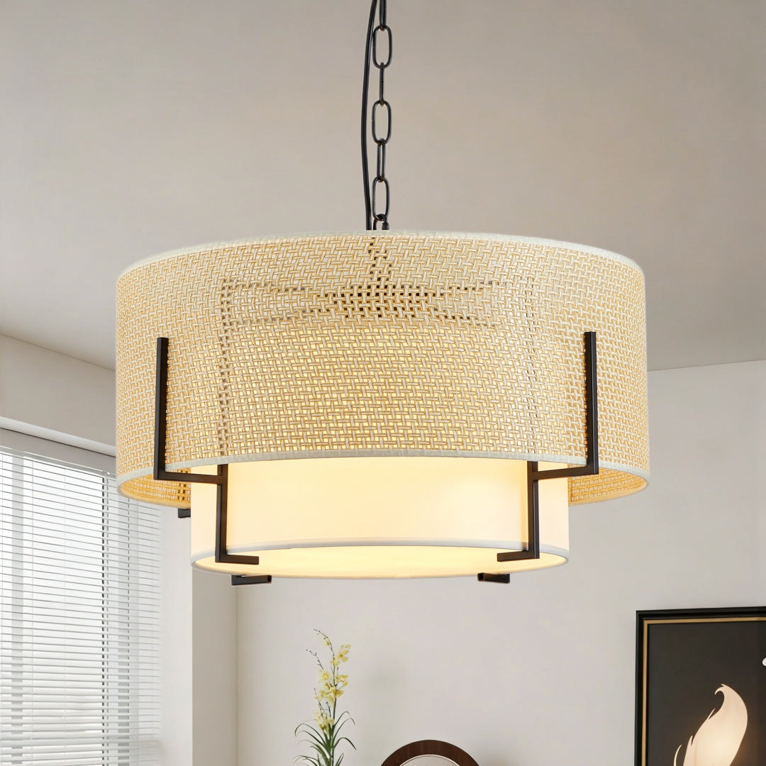 19.7in Farmhouse Boho Chandelier,4-Light Hand Woven Rattan Pendant Light With Fabric Shade Rustic Drum Chandelier For Dining Room Kitchen Bedroom Foyer Entryway Living Room Bulb Is Not Including