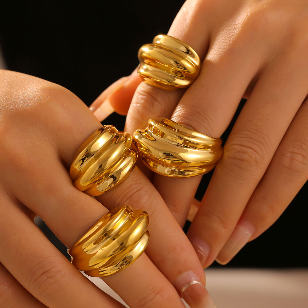 Multi-layer Striped Water Drop Opening Ring Titanium Steel Plated 18K Gold Accessories