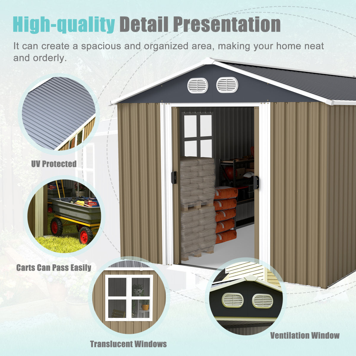 Campcraft 8x12 FT Outdoor Metal Storage Shed, Large Storage Sheds With Sturdy Frame Structure, Metal Garden Tool Shed With Lockable Door For Garden, Lawn, Backyard, Brown