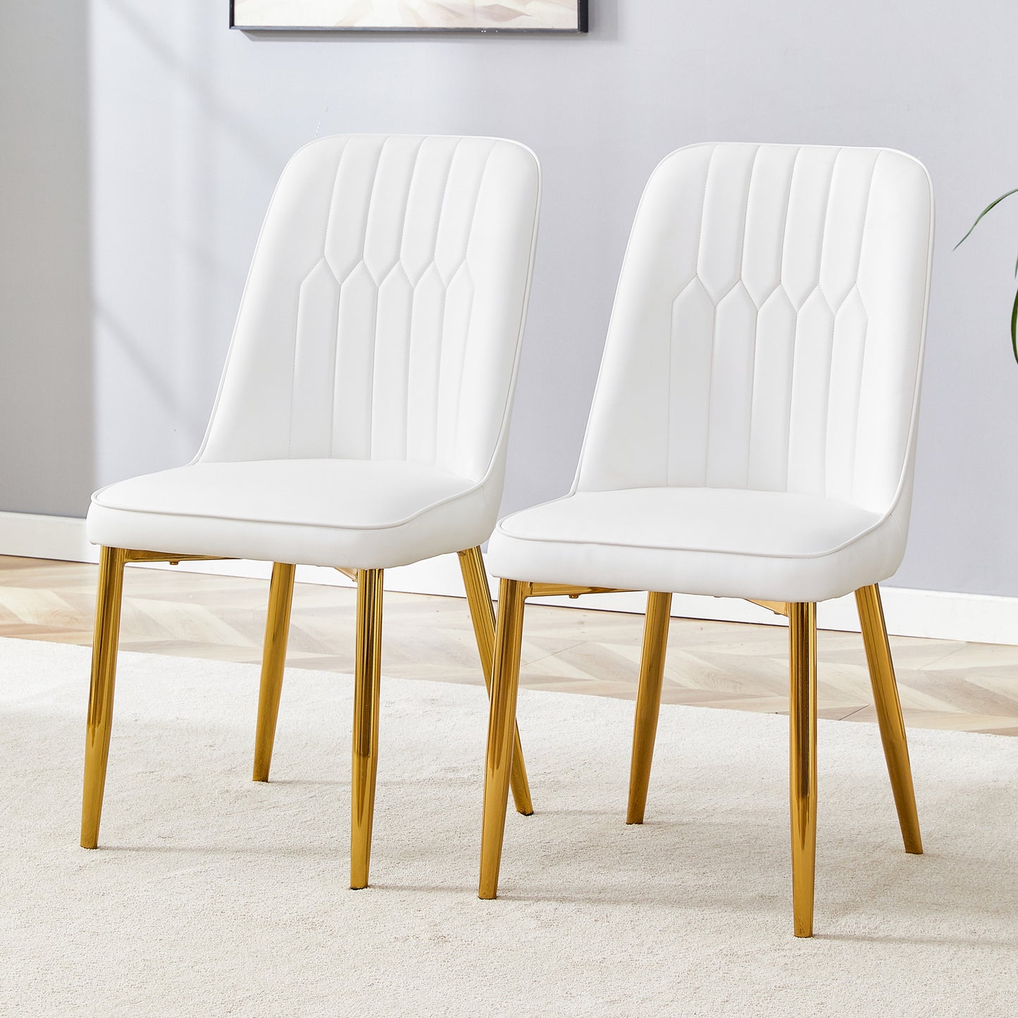 Two White Faux Leather Dining Chairs Modern And Minimalist Design, Equipped With Widened Seat, Backrest And Non-slip Metal Feet, Suitable For Dining Room And Kitchen.