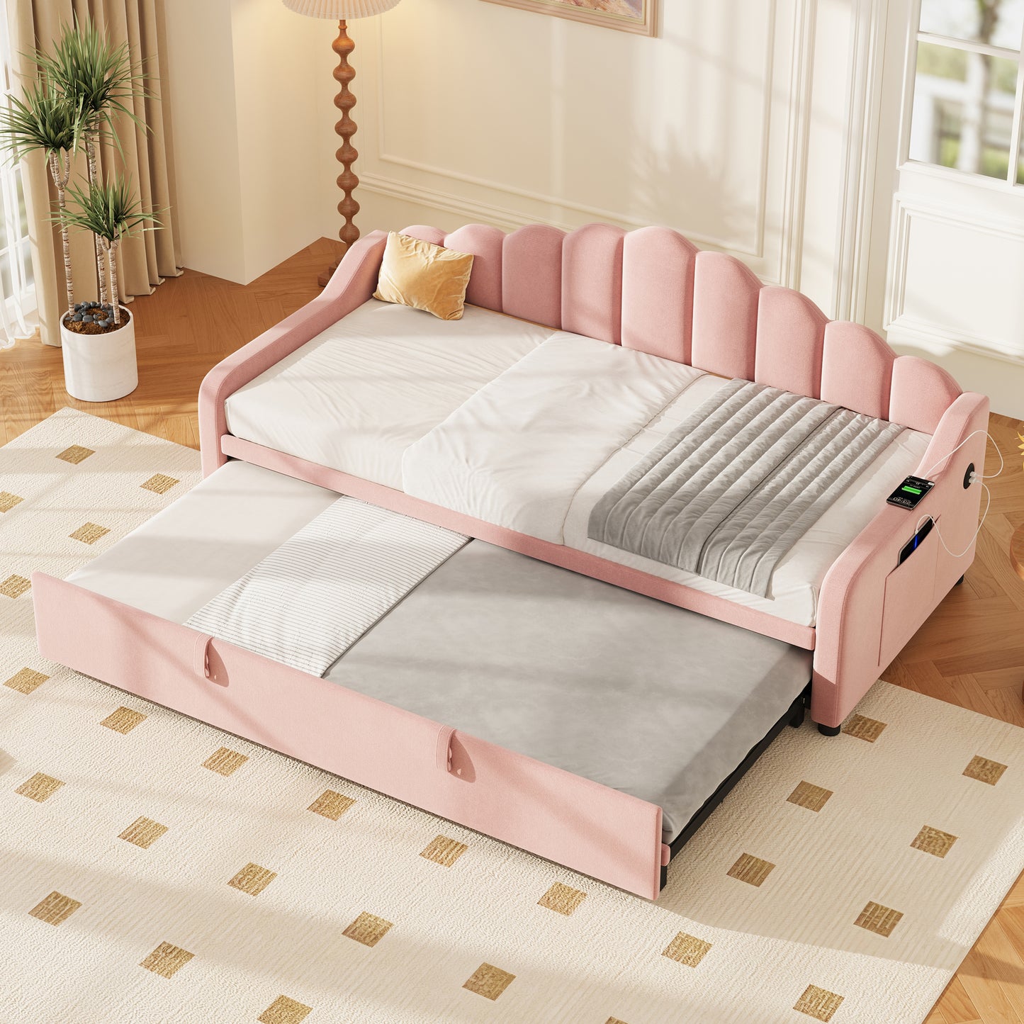 3ft Single Daybed With Pull-out Trundle, Velvet Upholstered Sofa Bed With Side Charging Station & Storage Pockets, Chic Fluted Scalloped Backrest No Mattress